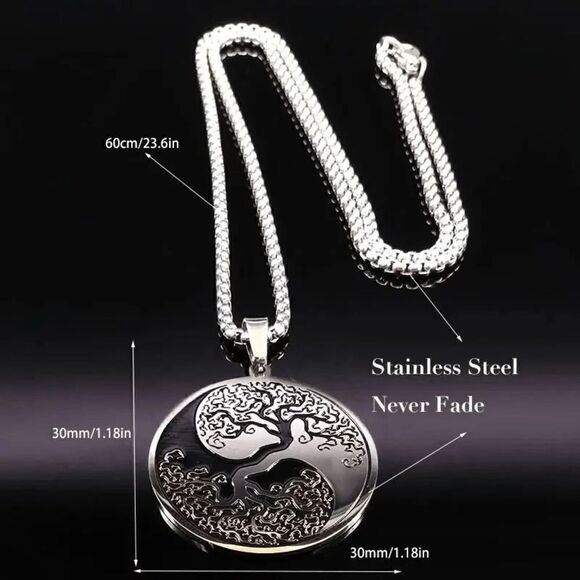 Stainless Steel Black And White Tree Of Life Round Pendant Necklace - Picture 6 of 6